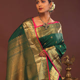 Bottle Green Kanjivaram Saree With Gold Zari Border