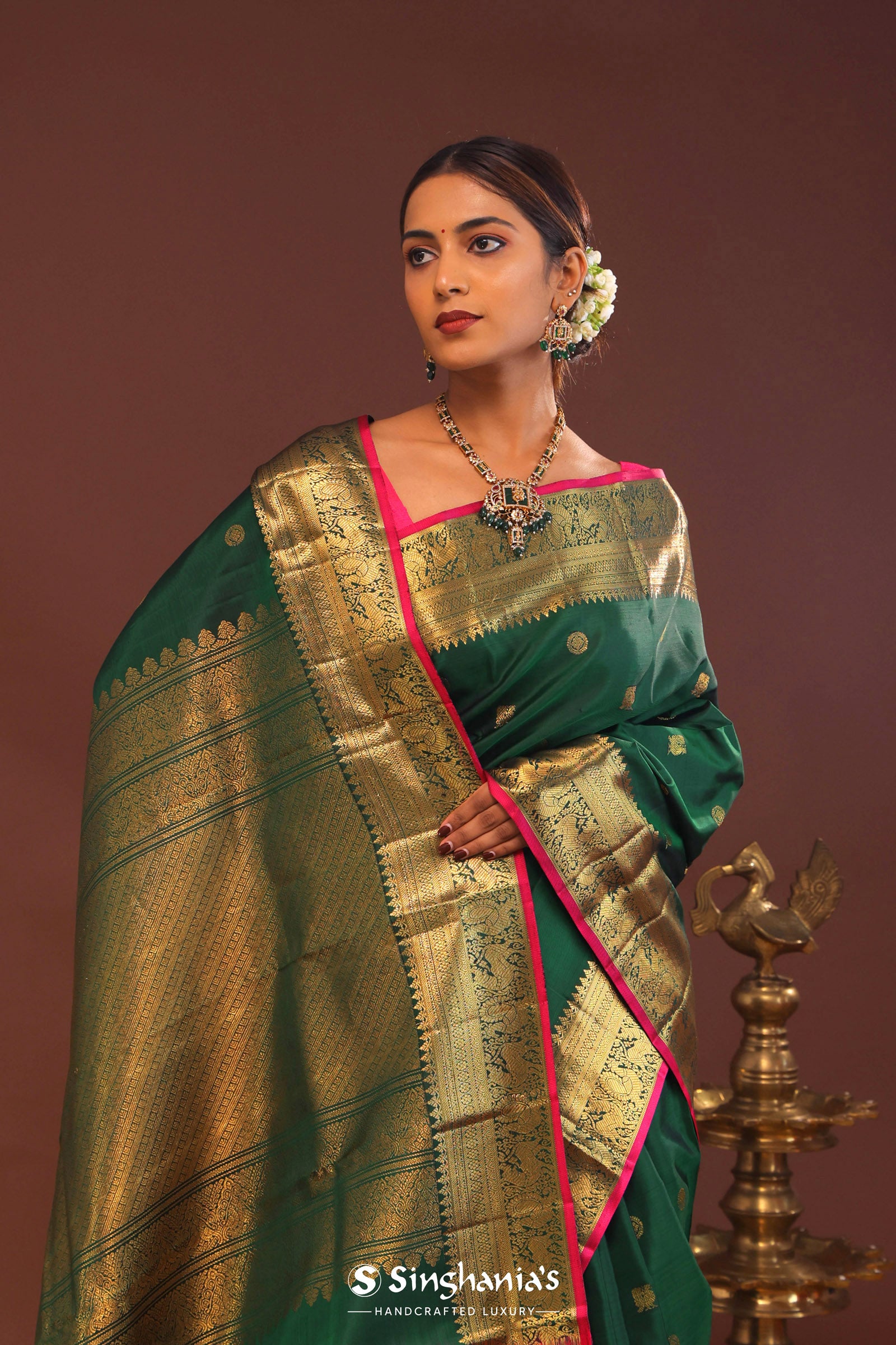 Bottle Green Kanjivaram Saree With Gold Zari Border
