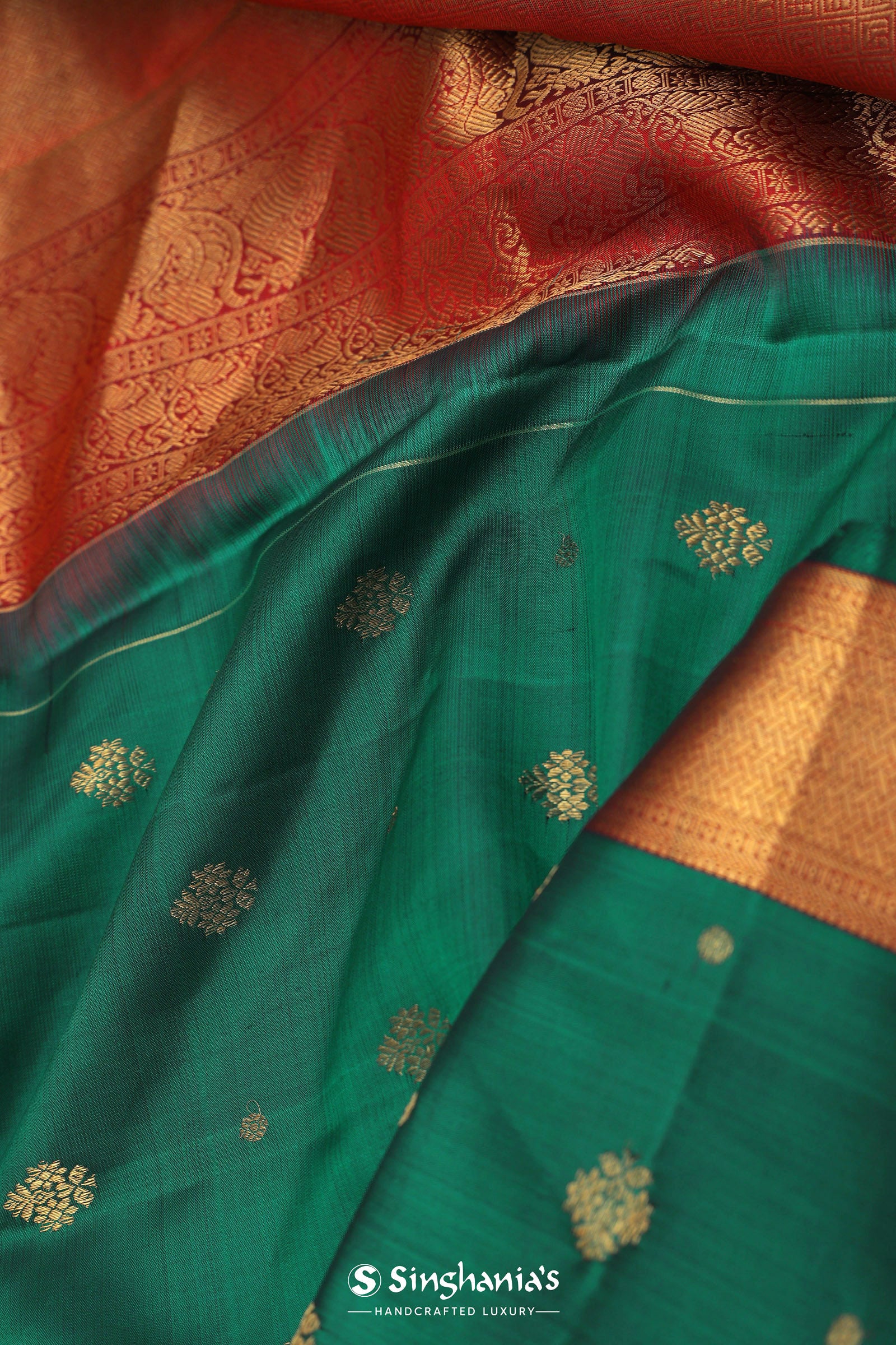 Bottle Green Kanjivaram Saree With Gold Zari Border