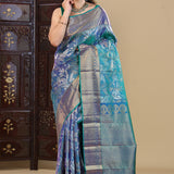 Bright Teal Blue Kanjivaram Saree With Floral Gold Zari