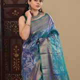 Bright Teal Blue Kanjivaram Saree With Floral Gold Zari