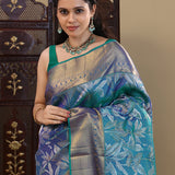 Bright Teal Blue Kanjivaram Saree With Floral Gold Zari