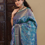 Bright Teal Blue Kanjivaram Saree With Floral Gold Zari