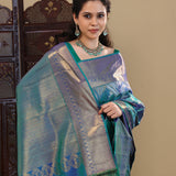 Bright Teal Blue Kanjivaram Saree With Floral Gold Zari