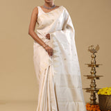 White Kanjivaram Silk Saree With Peacock Motifs