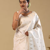 White Kanjivaram Silk Saree With Peacock Motifs