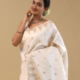 White Kanjivaram Silk Saree With Peacock Motifs