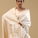 White Kanjivaram Silk Saree With Peacock Motifs