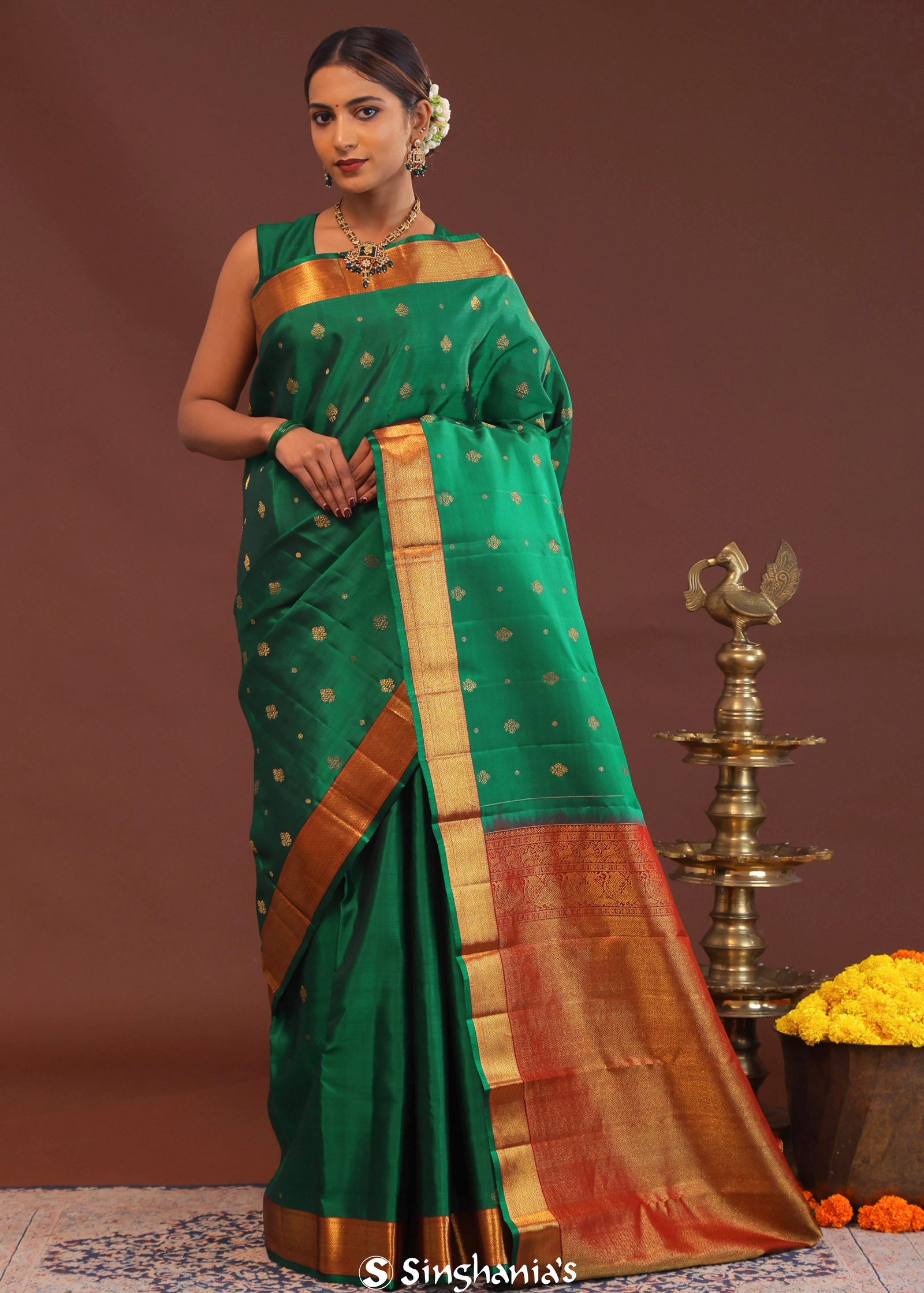 Bottle Green Kanjivaram Saree With Gold Zari Border