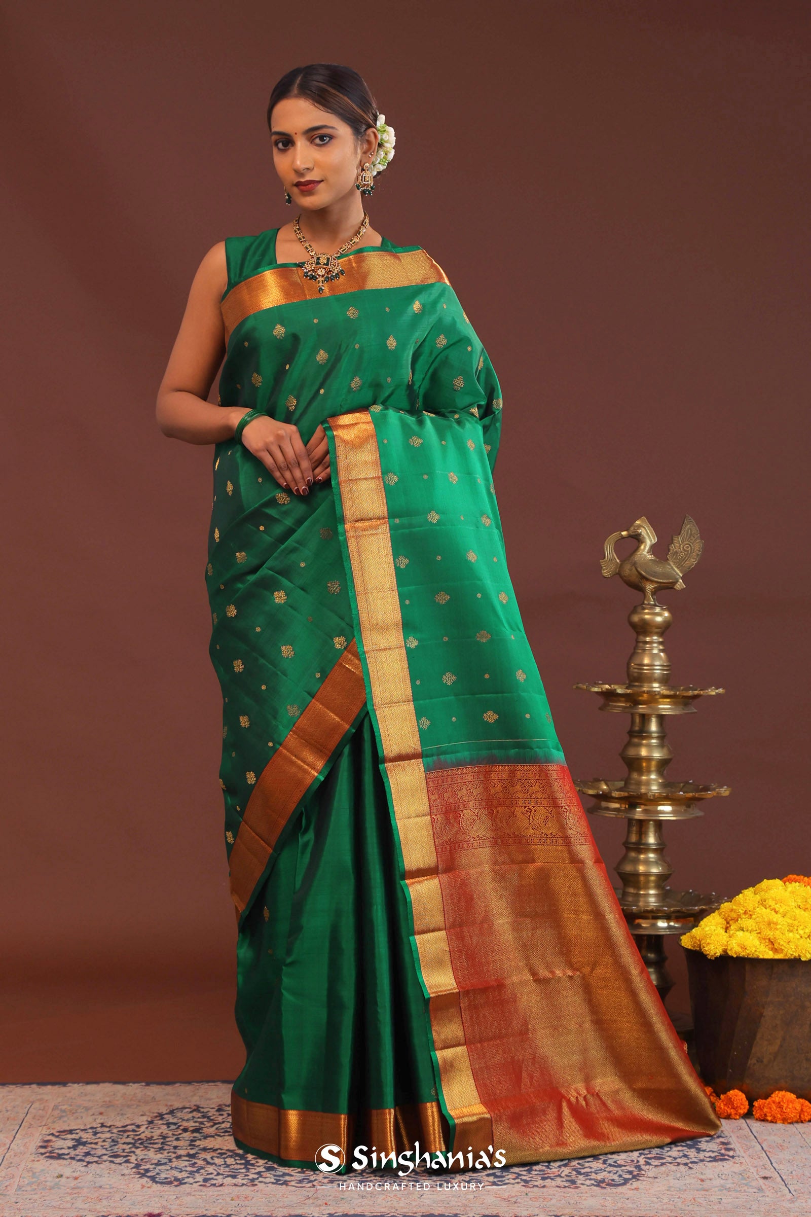 Bottle Green Kanjivaram Saree With Gold Zari Border