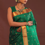 Bottle Green Kanjivaram Saree With Gold Zari Border