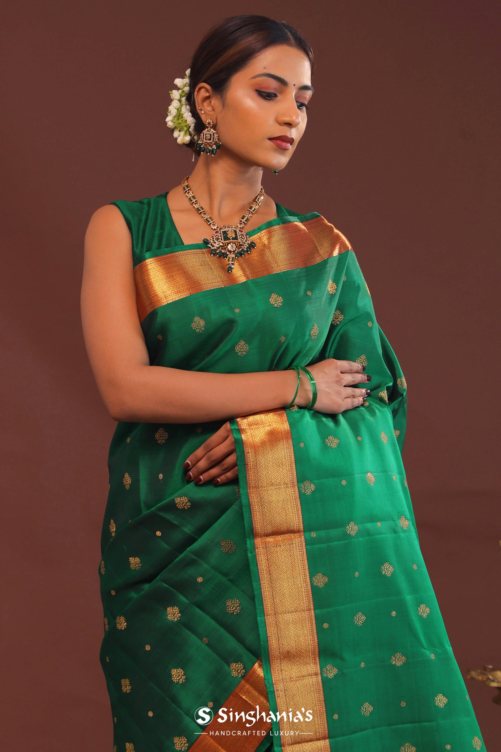Bottle Green Kanjivaram Saree With Gold Zari Border
