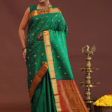 Bottle Green Kanjivaram Saree With Gold Zari Border
