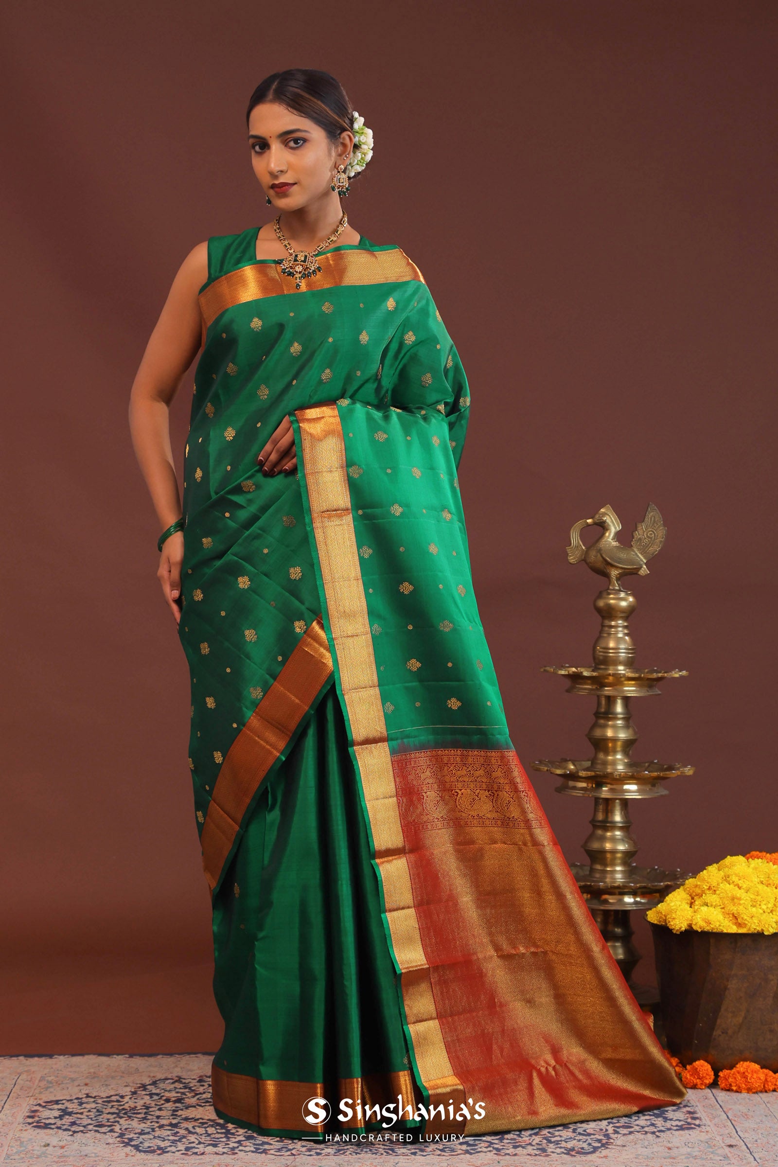 Bottle Green Kanjivaram Saree With Gold Zari Border