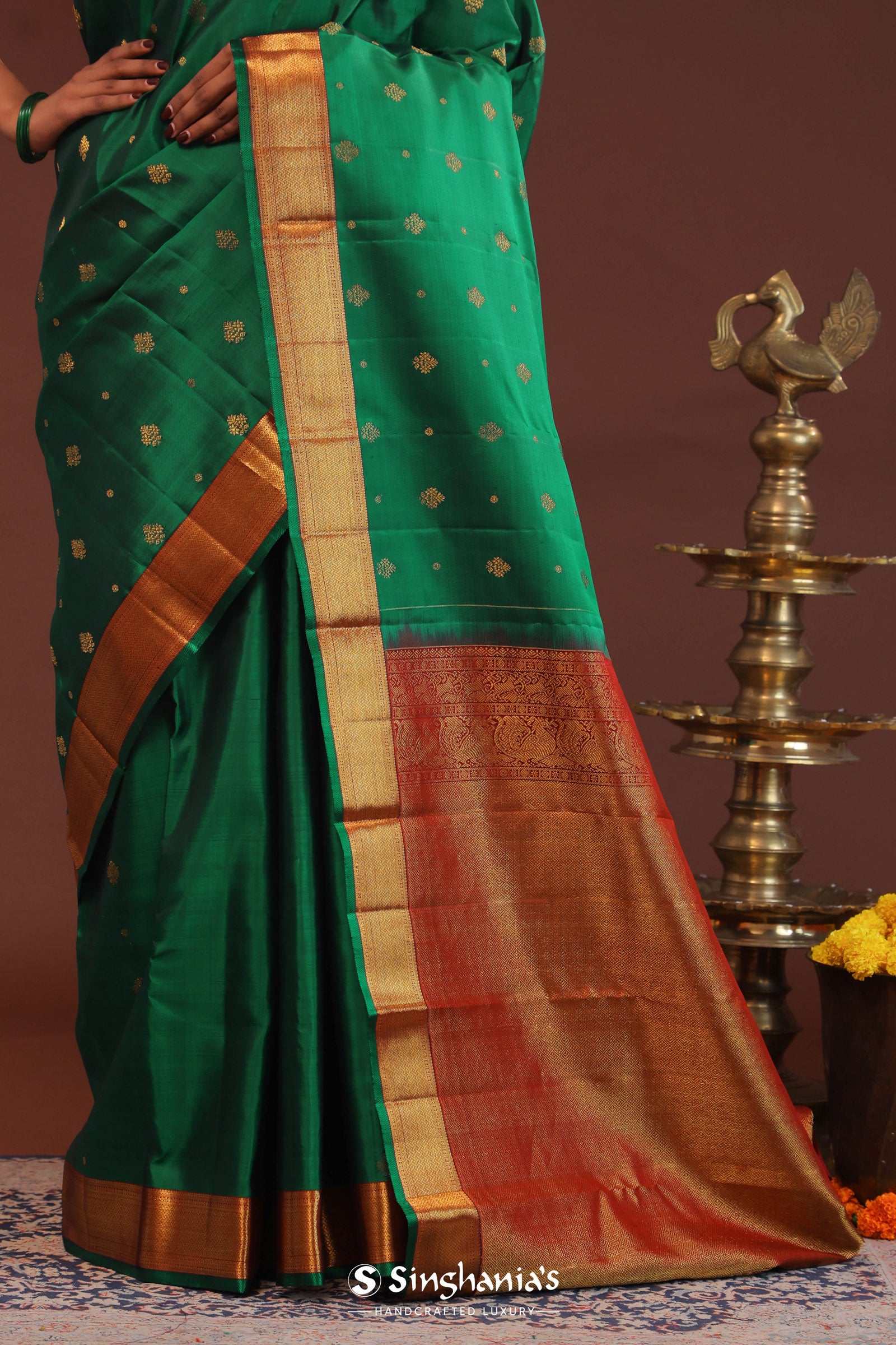 Bottle Green Kanjivaram Saree With Gold Zari Border