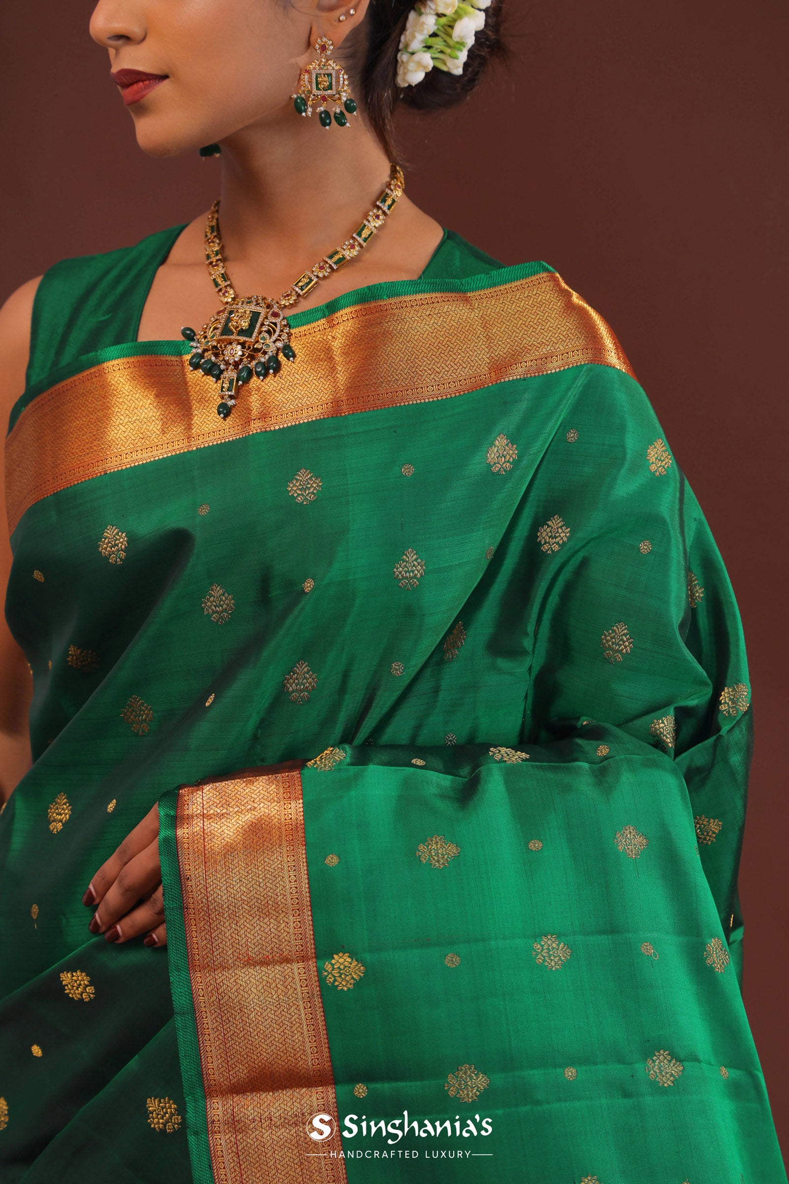 Bottle Green Kanjivaram Saree With Gold Zari Border