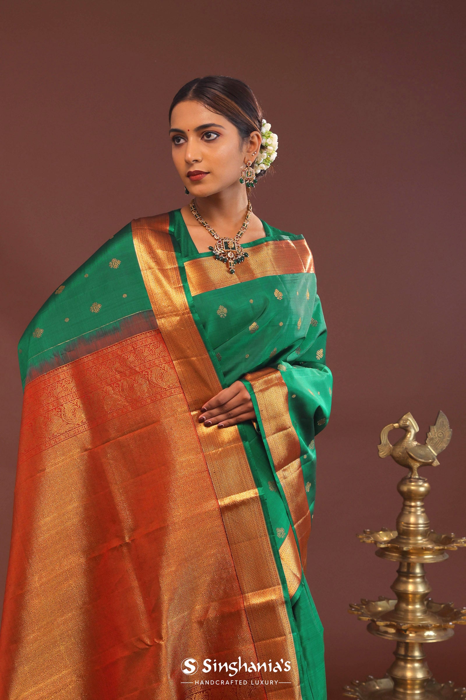 Bottle Green Kanjivaram Saree With Gold Zari Border