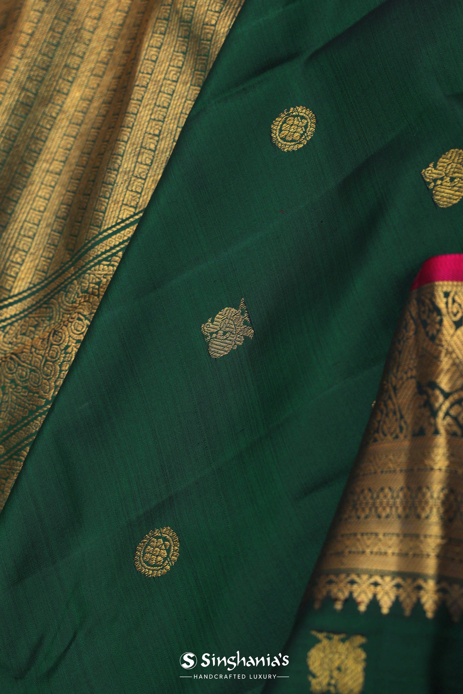 Bottle Green Kanjivaram Saree With Gold Zari Border