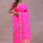 Hot Pink Banarasi Raw Mango Silk Saree With Gold Zari Buttis