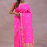 Hot Pink Banarasi Raw Mango Silk Saree With Gold Zari Buttis