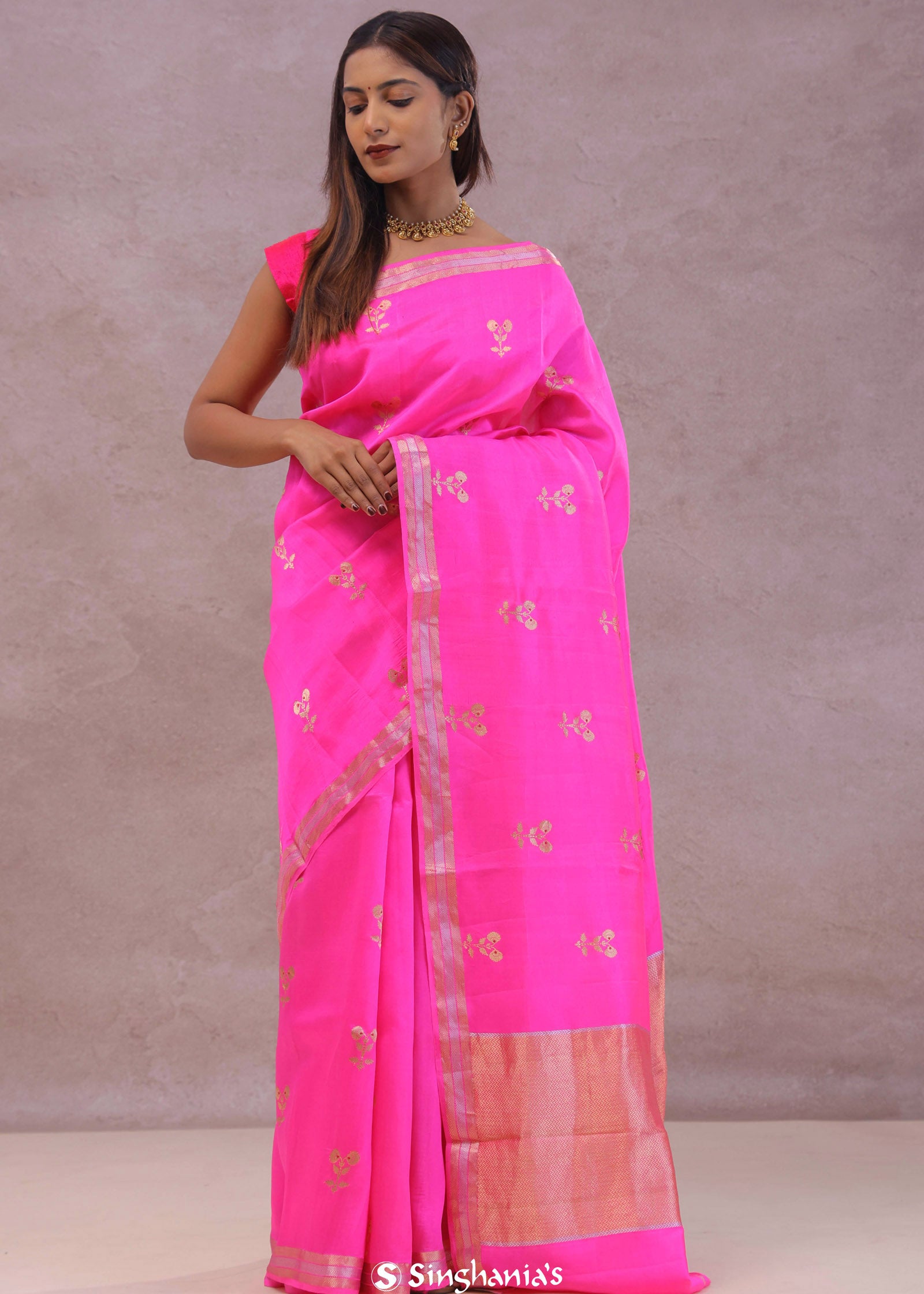 Hot Pink Banarasi Raw Mango Silk Saree With Gold Zari Buttis