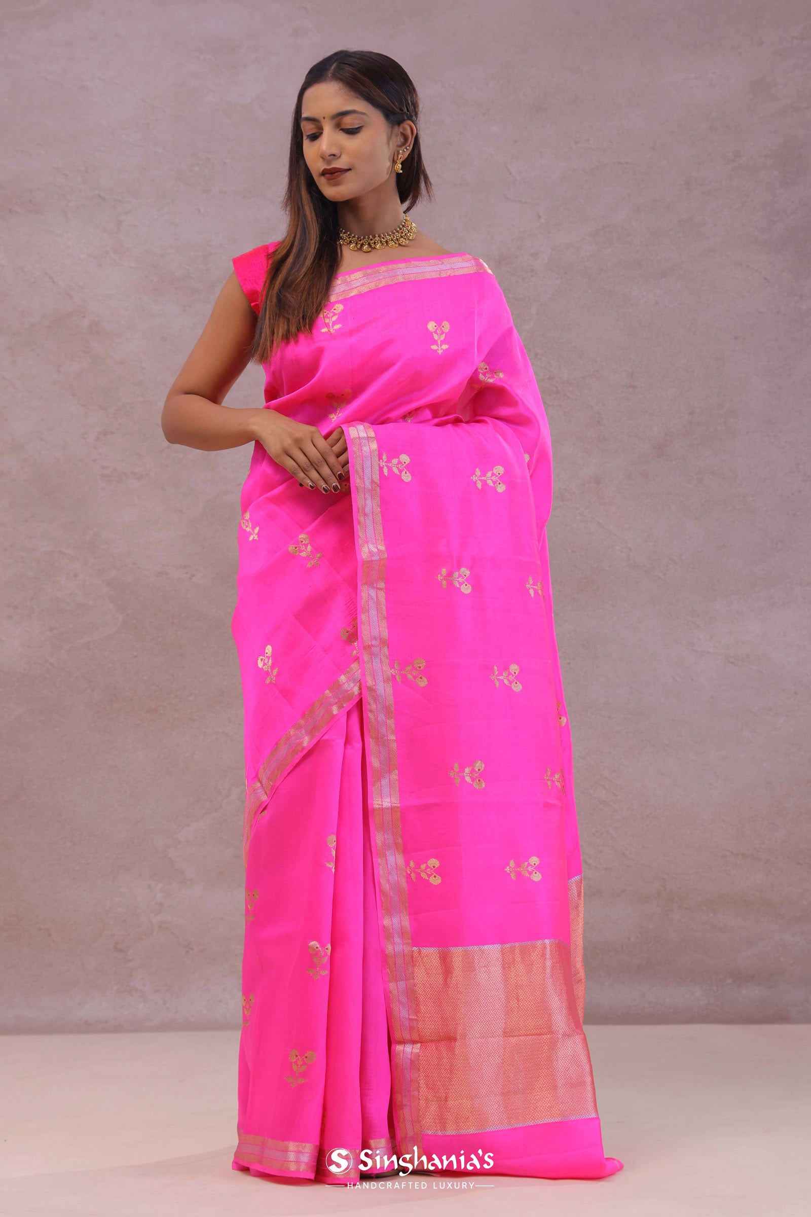 Hot Pink Banarasi Raw Mango Silk Saree With Gold Zari Buttis