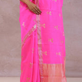 Hot Pink Banarasi Raw Mango Silk Saree With Gold Zari Buttis