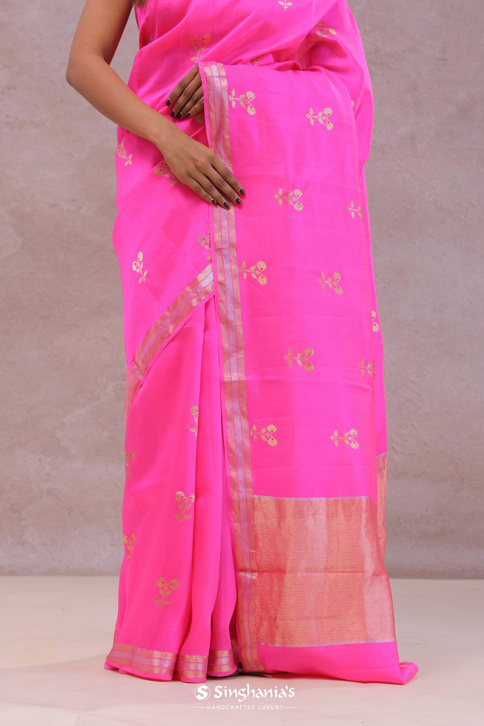 Hot Pink Banarasi Raw Mango Silk Saree With Gold Zari Buttis