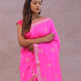 Hot Pink Banarasi Raw Mango Silk Saree With Gold Zari Buttis