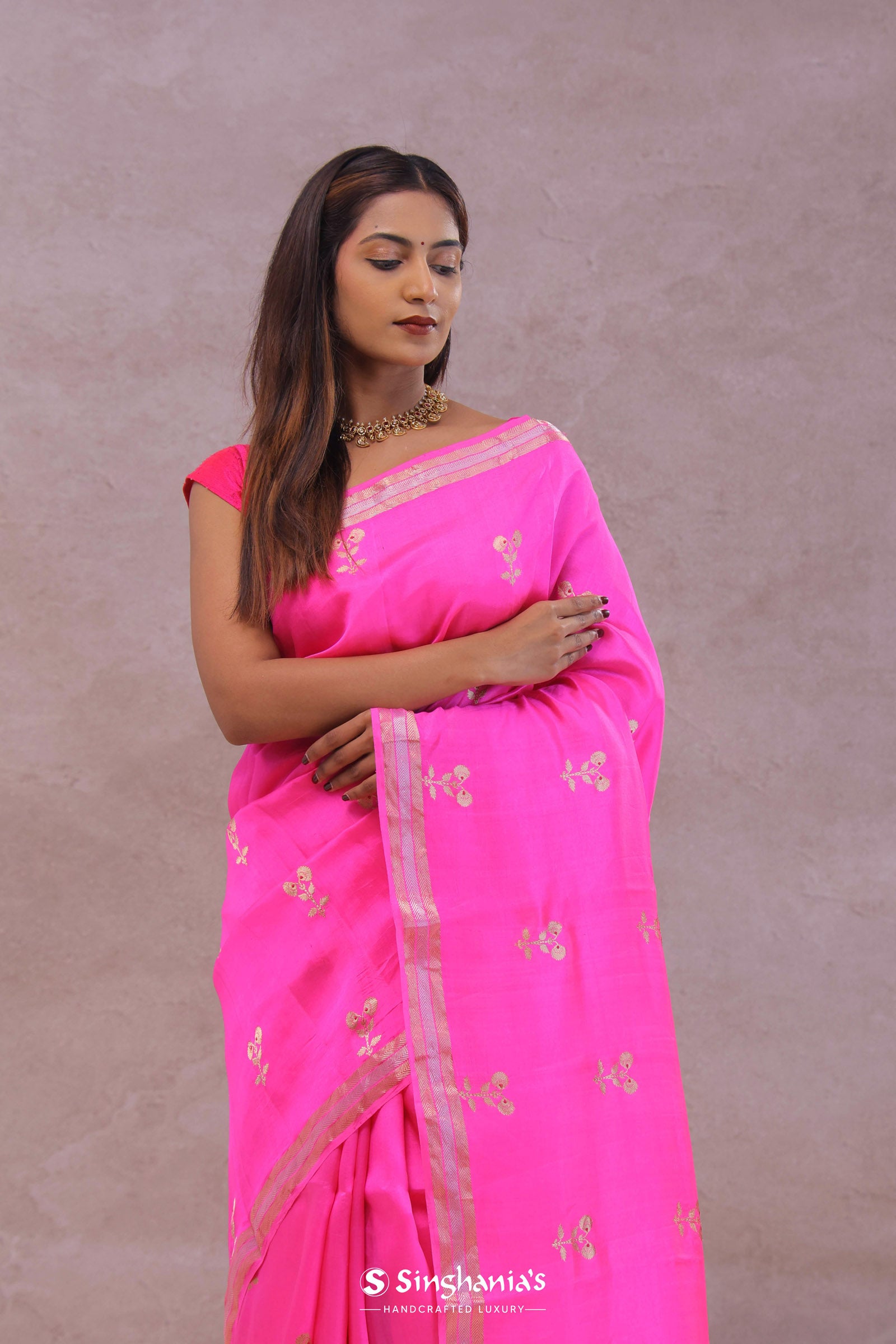 Hot Pink Banarasi Raw Mango Silk Saree With Gold Zari Buttis