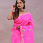 Hot Pink Banarasi Raw Mango Silk Saree With Gold Zari Buttis