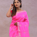 Hot Pink Banarasi Raw Mango Silk Saree With Gold Zari Buttis