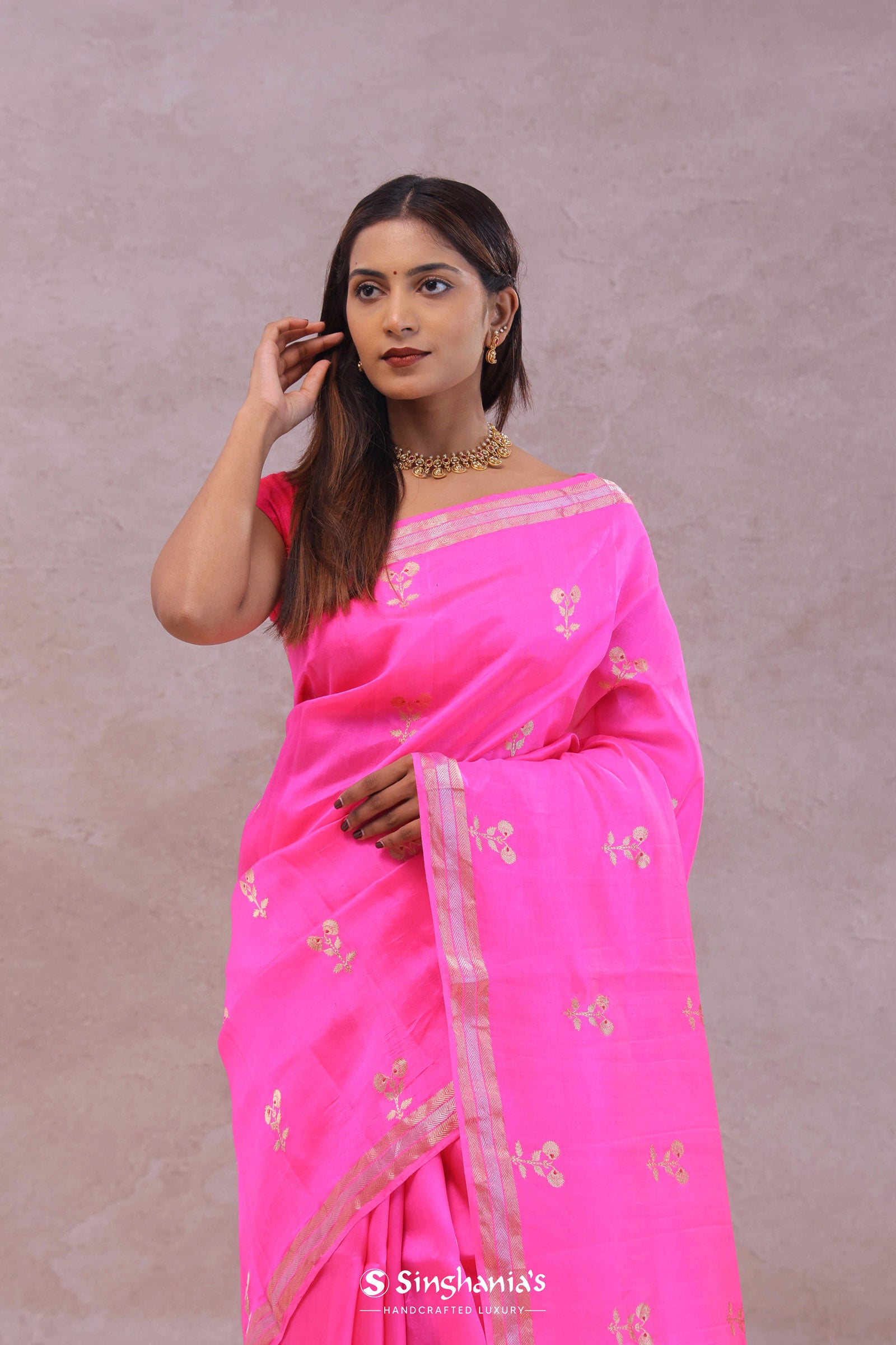Hot Pink Banarasi Raw Mango Silk Saree With Gold Zari Buttis