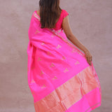 Hot Pink Banarasi Raw Mango Silk Saree With Gold Zari Buttis