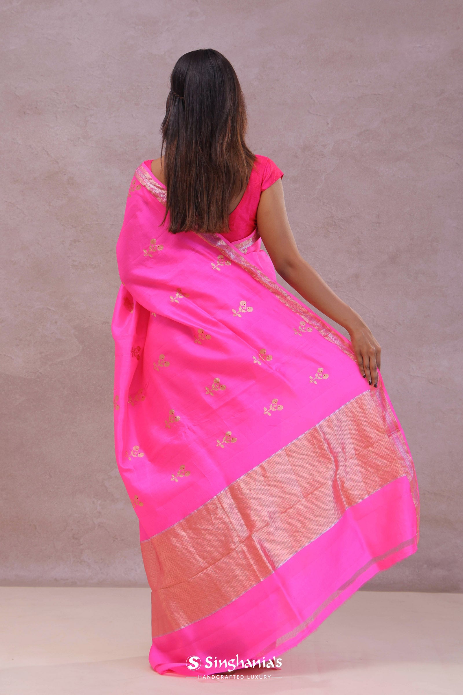 Hot Pink Banarasi Raw Mango Silk Saree With Gold Zari Buttis