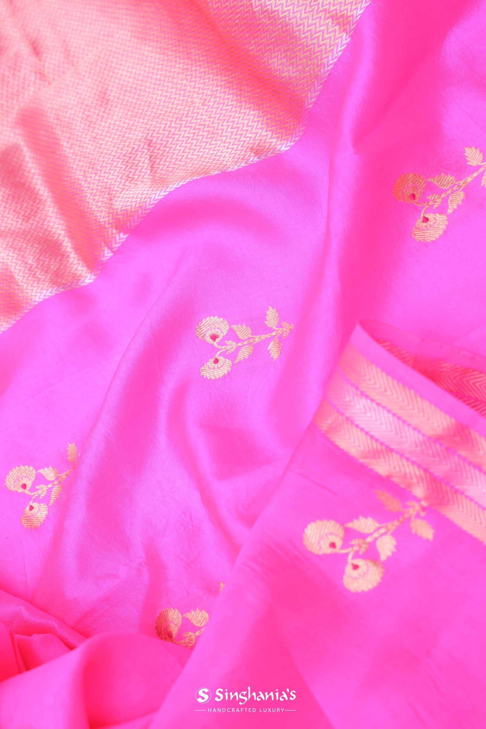 Hot Pink Banarasi Raw Mango Silk Saree With Gold Zari Buttis