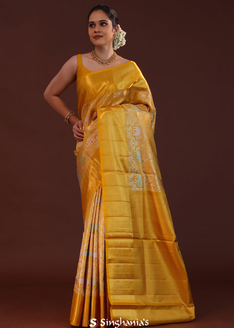 <img> California Gold Kanjivaram Silk Saree With Elephants Motifs