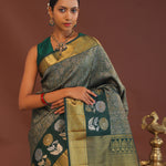Dark Green Kanjivaram Saree With Leaf Jaal And Gold Zari Border