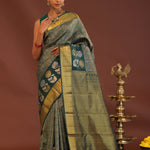Dark Green Kanjivaram Saree With Leaf Jaal And Gold Zari Border