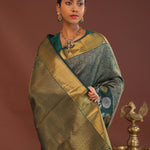 Dark Green Kanjivaram Saree With Leaf Jaal And Gold Zari Border