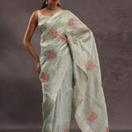 Soft Pistachio Organza Embroidery Saree With Petit Point Buttis