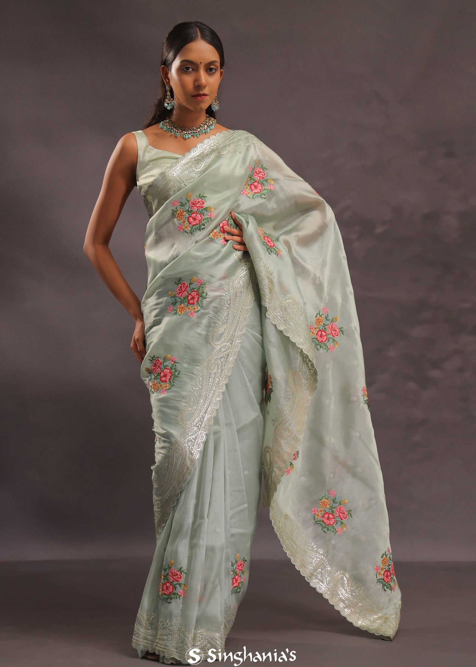Soft Pistachio Organza Embroidery Saree With Petit Point Buttis
