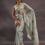 Soft Pistachio Organza Embroidery Saree With Petit Point Buttis
