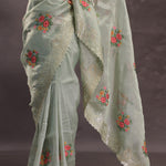 Soft Pistachio Organza Embroidery Saree With Petit Point Buttis