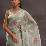 Soft Pistachio Organza Embroidery Saree With Petit Point Buttis