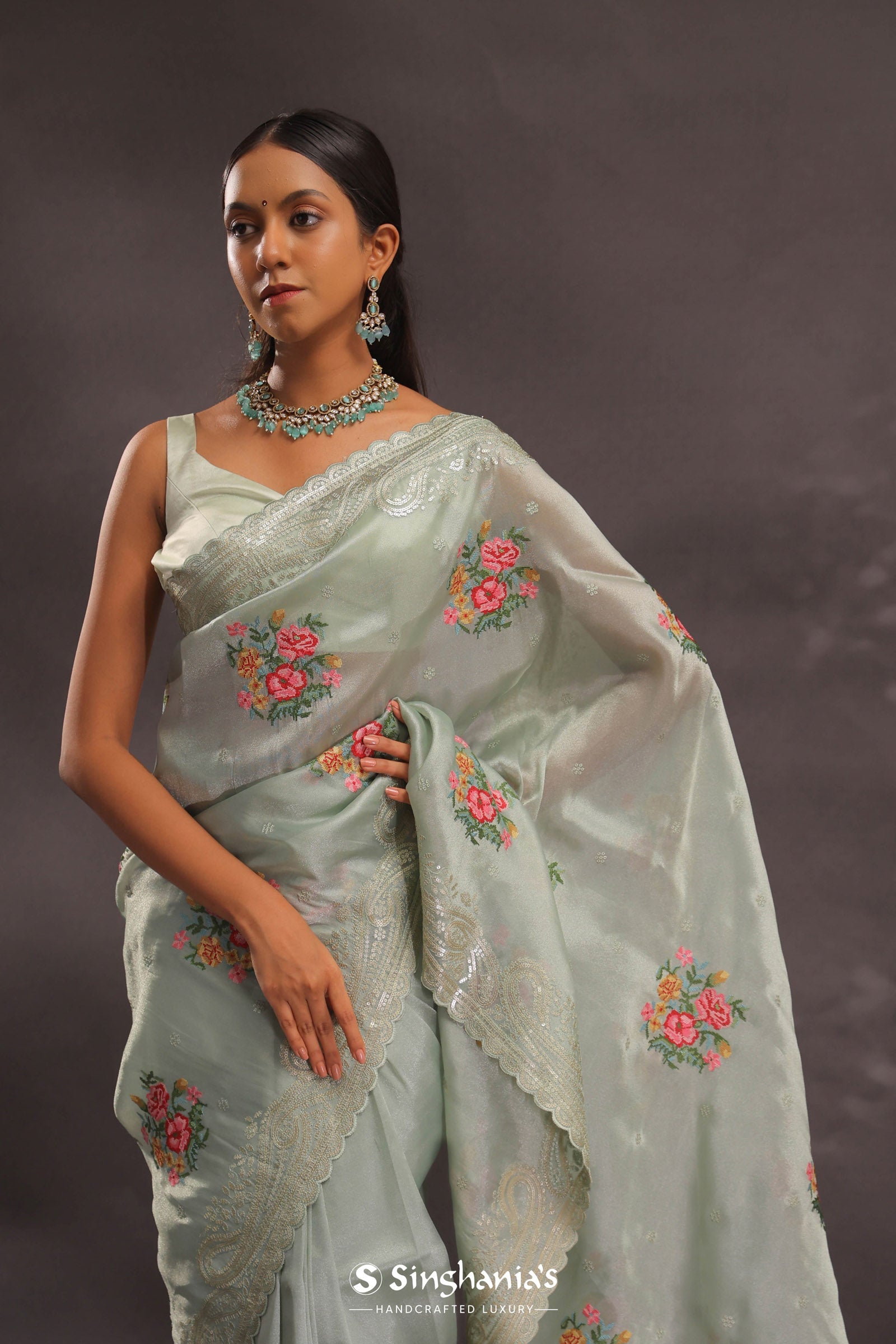 Soft Pistachio Organza Embroidery Saree With Petit Point Buttis