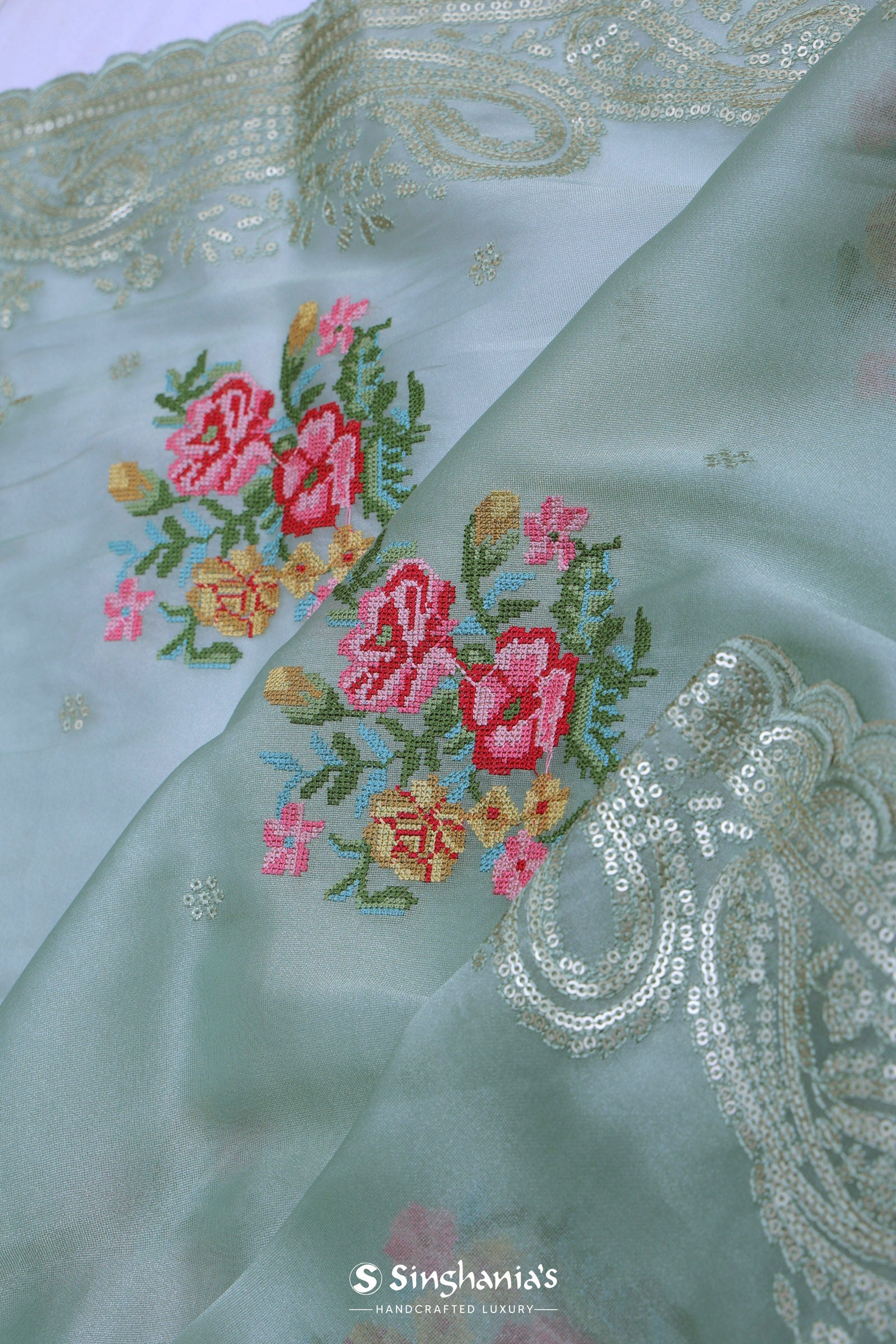 Soft Pistachio Organza Embroidery Saree With Petit Point Buttis