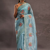 Sky Blue Organza Tissue Embroidery Saree With Petit Point Buttis