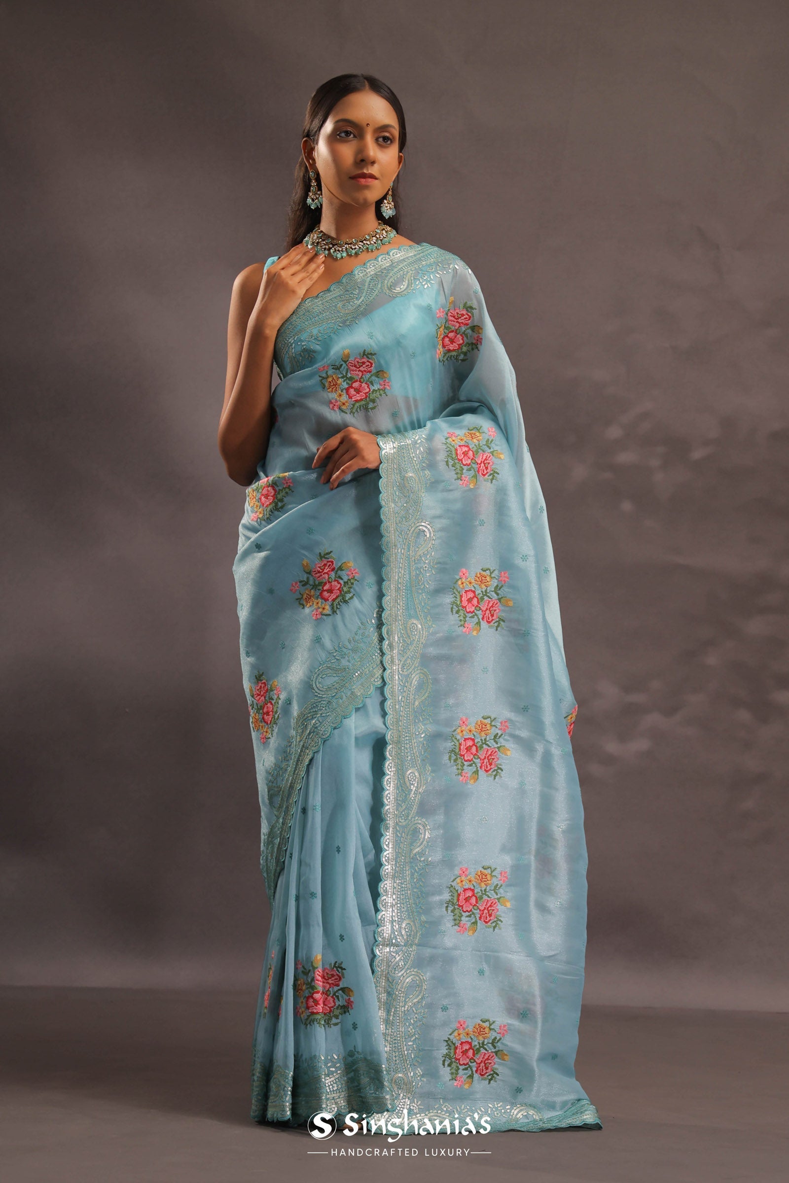 Sky Blue Organza Tissue Embroidery Saree With Petit Point Buttis