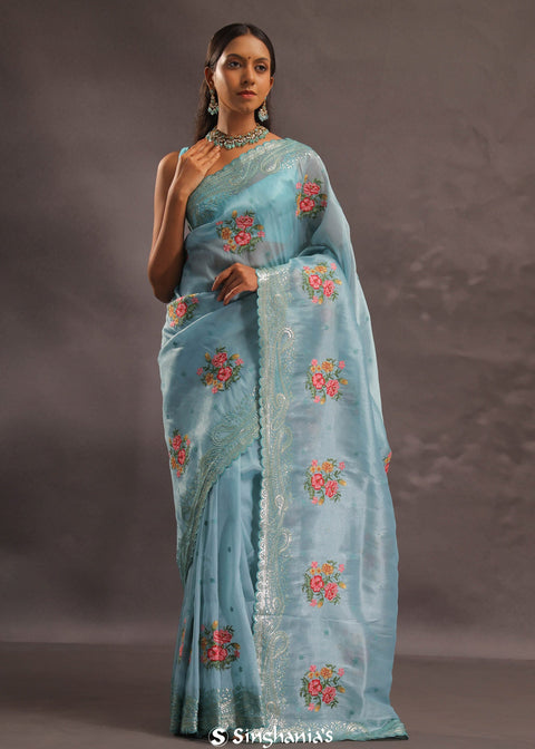 Sky Blue Organza Tissue Embroidery Saree With Petit Point Buttis